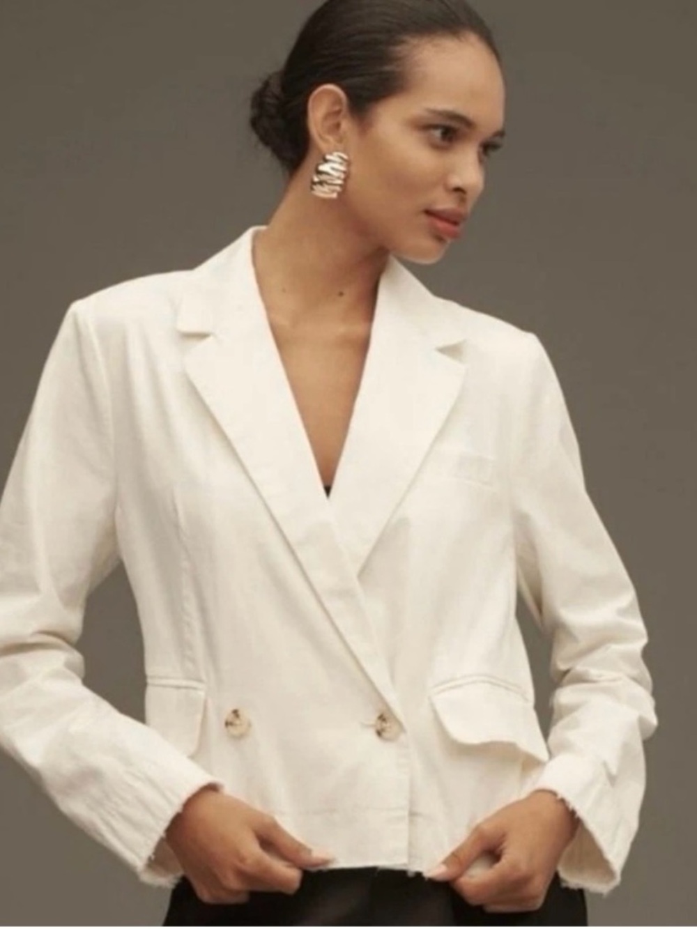 Anthropologie Pilcro Fray Hem Blazer Ivory Double-Breasted Oversize Size Small